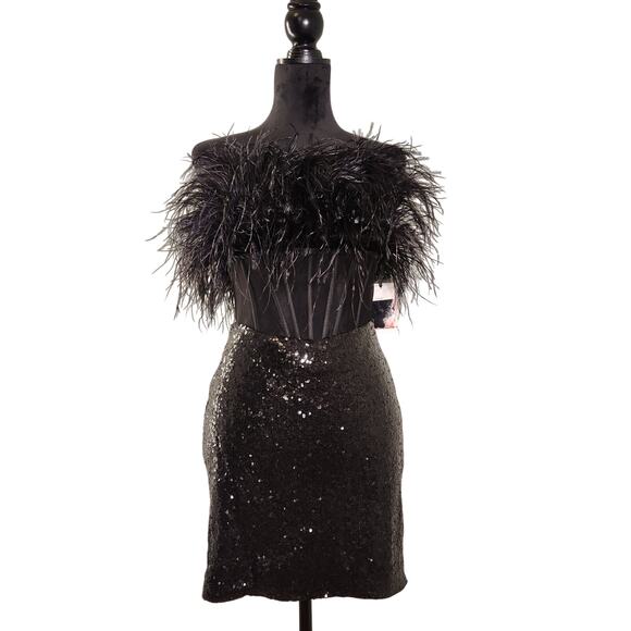 Alyce Paris Dresses & Skirts - ALYCE PARIS NWT Black Sequin Mini Dress with Feathered Mesh Bodice, Size 6